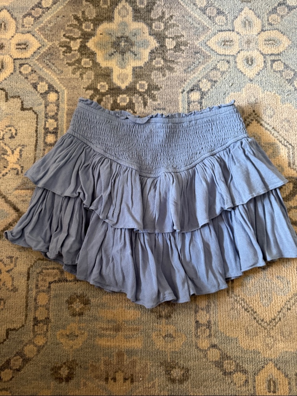 Smocked High-Waist Ruffle Mini Skirt in Dusty Blue